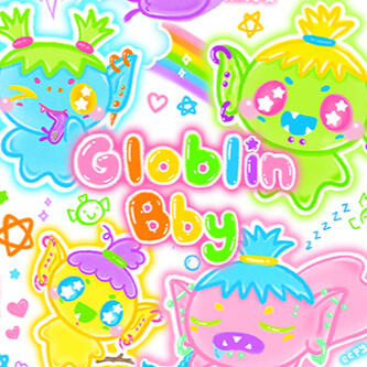 Four goblins of different sizes and colors surrounding the GloblinBby logo which is written in rainbow.